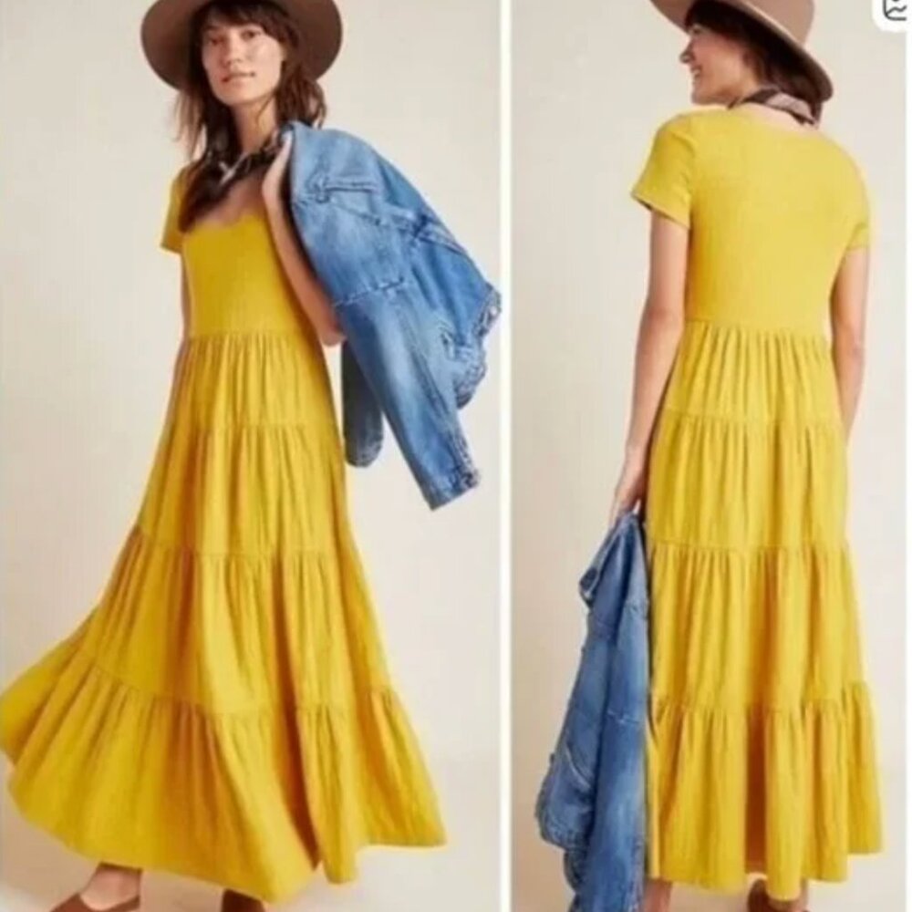 sz M Anthropologie Mustard Maeve Gillian Tiered Maxi Dress